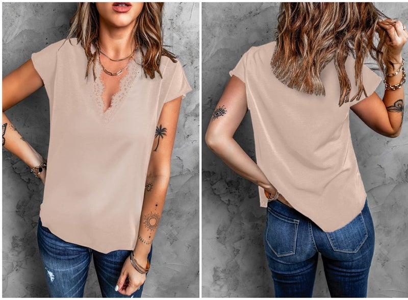 lime flare Women Sexy Summer Lace Trim Satin T Shirts Tops Dressy Silk V Neck Tank Tee Shirt (Small,Apricot Eyelash Lace Short Sleeve) - Image 4